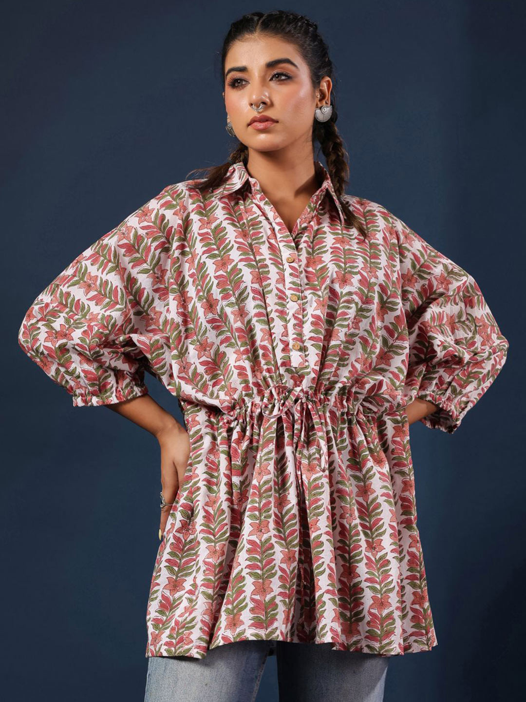 Taavi Women Hand Block Print Cotton Shirt Collar Tunic