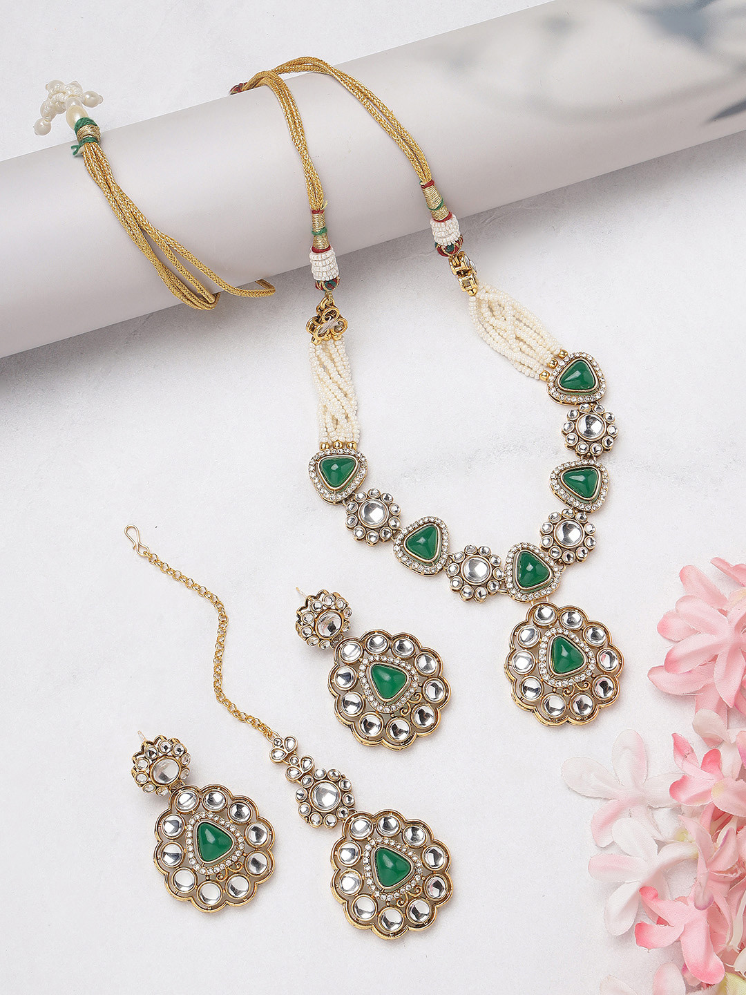 ANIKAS CREATION Gold Plated Austrian Diamonds & Stones Jewellery Set With Maang Tika