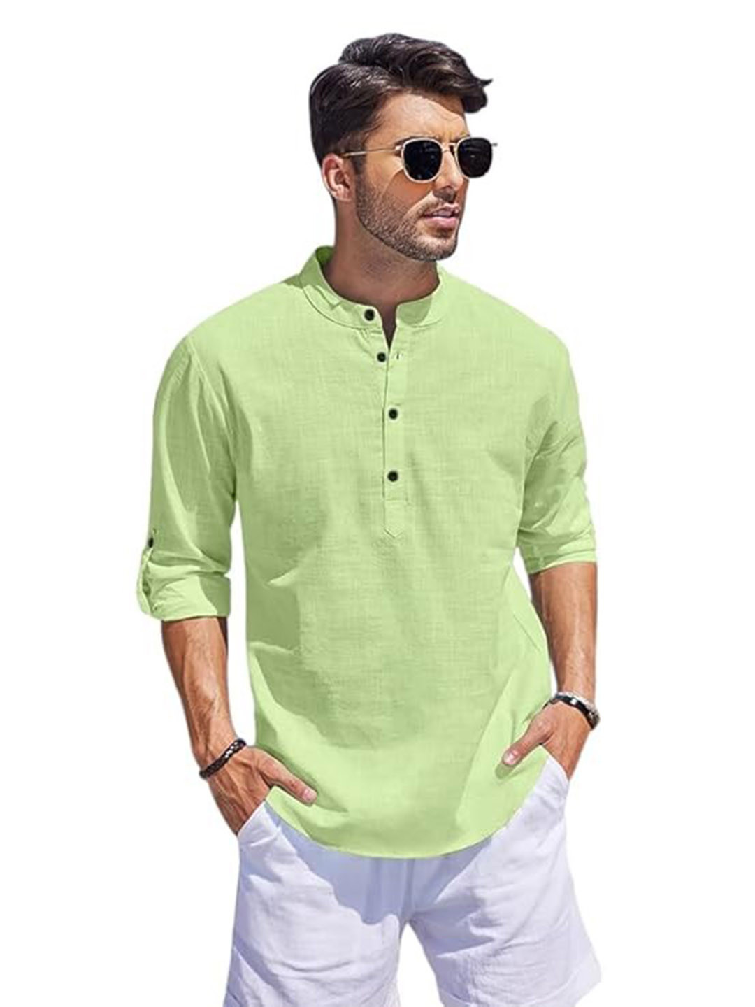 Bellstone Men Band Collar Roll-Up Sleeves Short Kurta