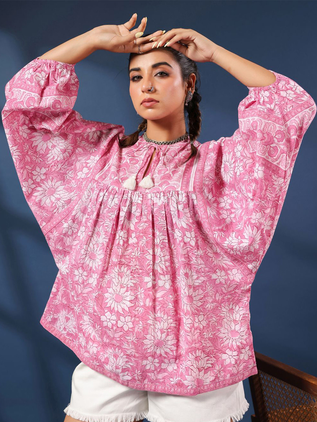 Taavi Women Hand-Block Floral Printed Tie-Up Neck Batwing Sleeves Top