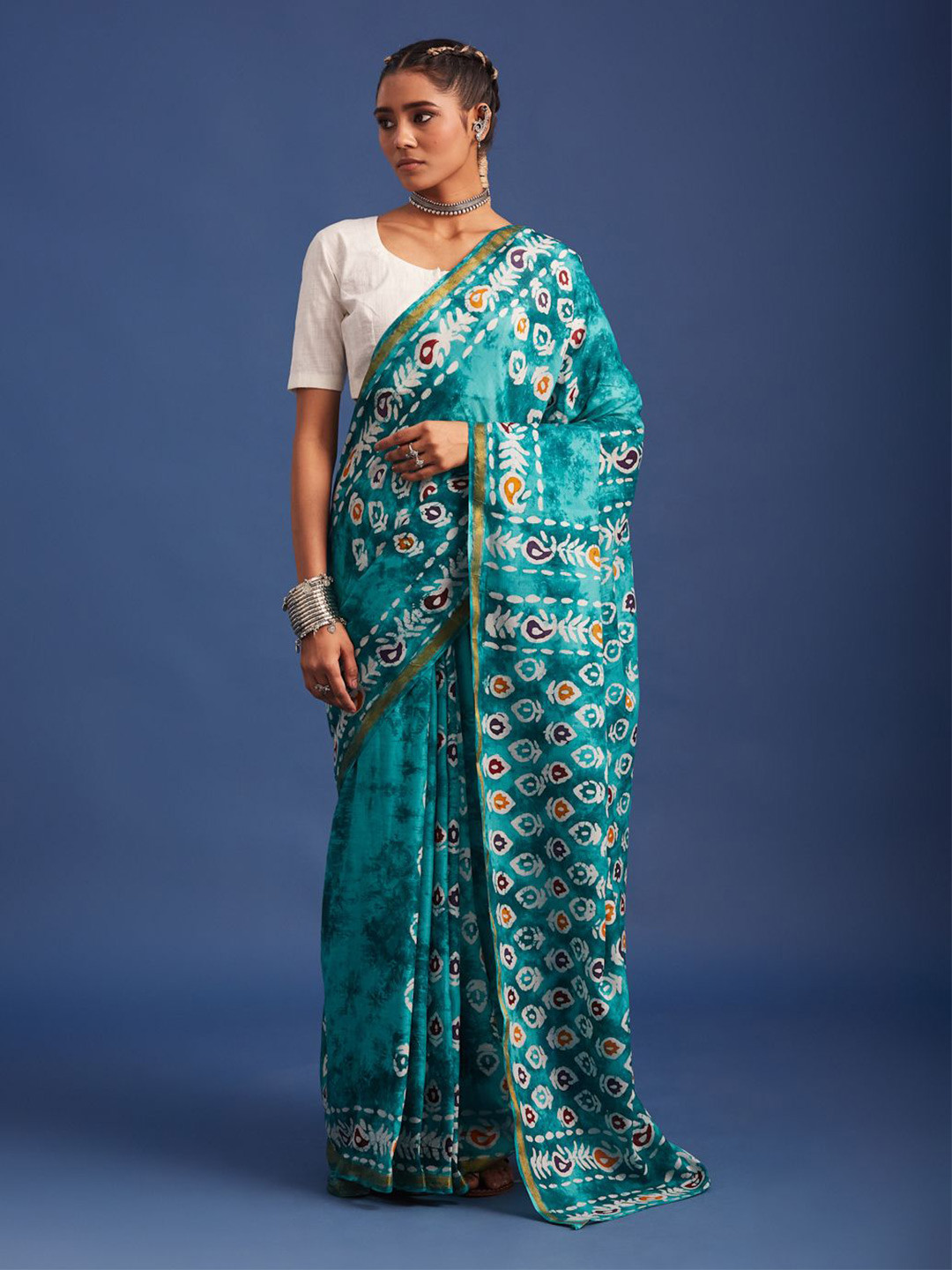 Taavi Pure Cotton Hand Block Printed Batik Saree With Blouse