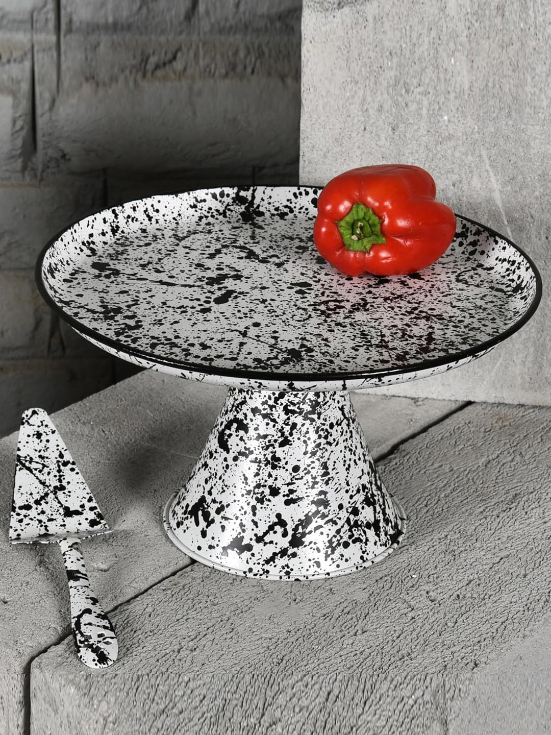 Living With Elan Splatterful White & Black Abstract Printed Cake Stand with Cake Server