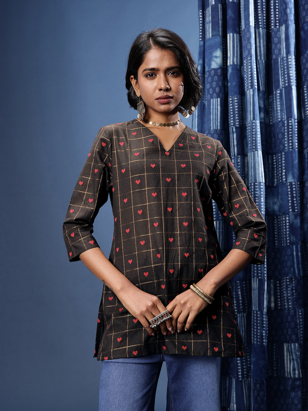 Taavi Nagri - Woven Festive Geometric Woven Design V-Neck Kurti
