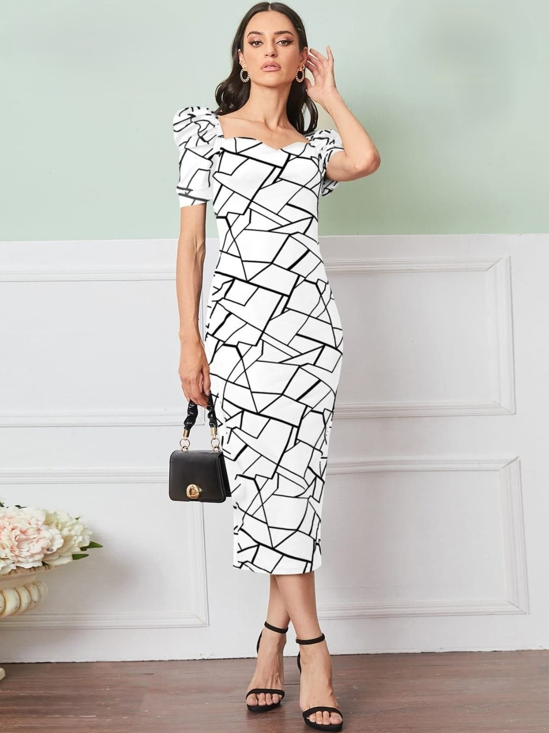 SHYAM SUNDARI Print Puff Sleeve Applique Sheath Midi Dress
