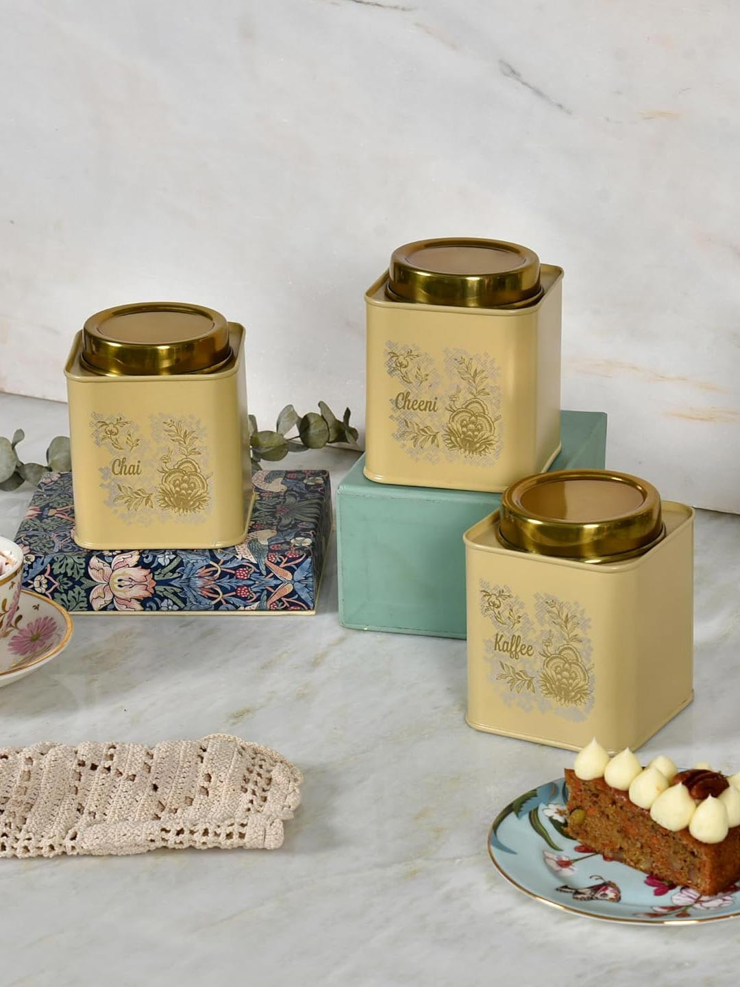 Living with Elan Gingham & Blooms Yellow Typography Stainless Steel Air Tight 3 Piece Clip-On Canister