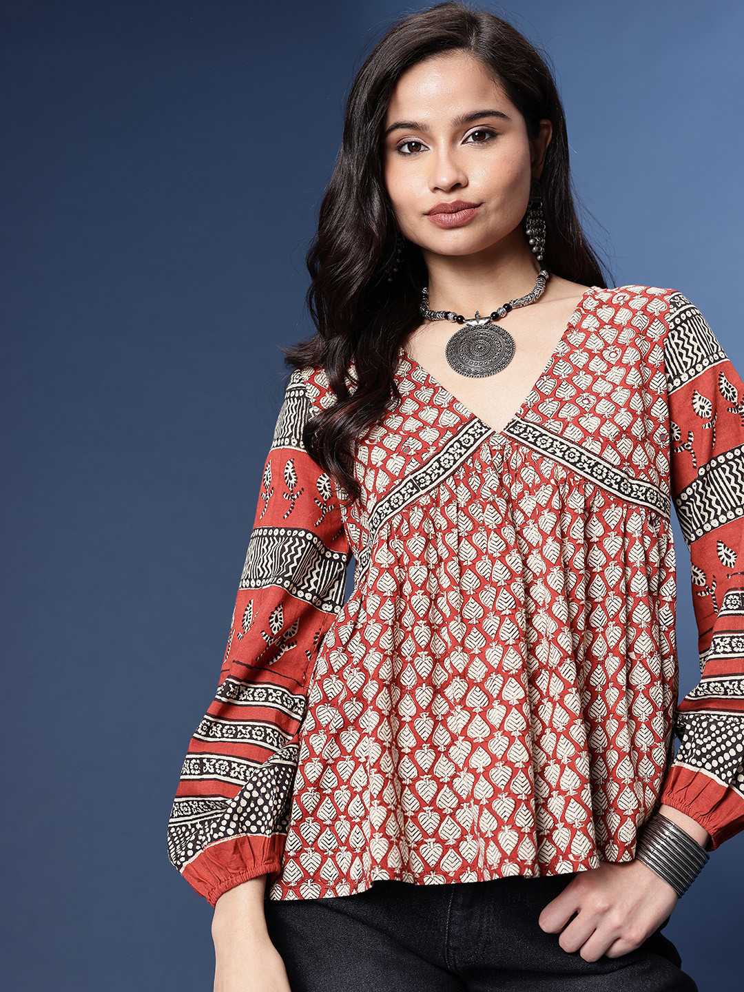 Taavi Pure Cotton Ethnic Motifs Printed Gathers Mirror Work V-Neck Bagru Crafted Top