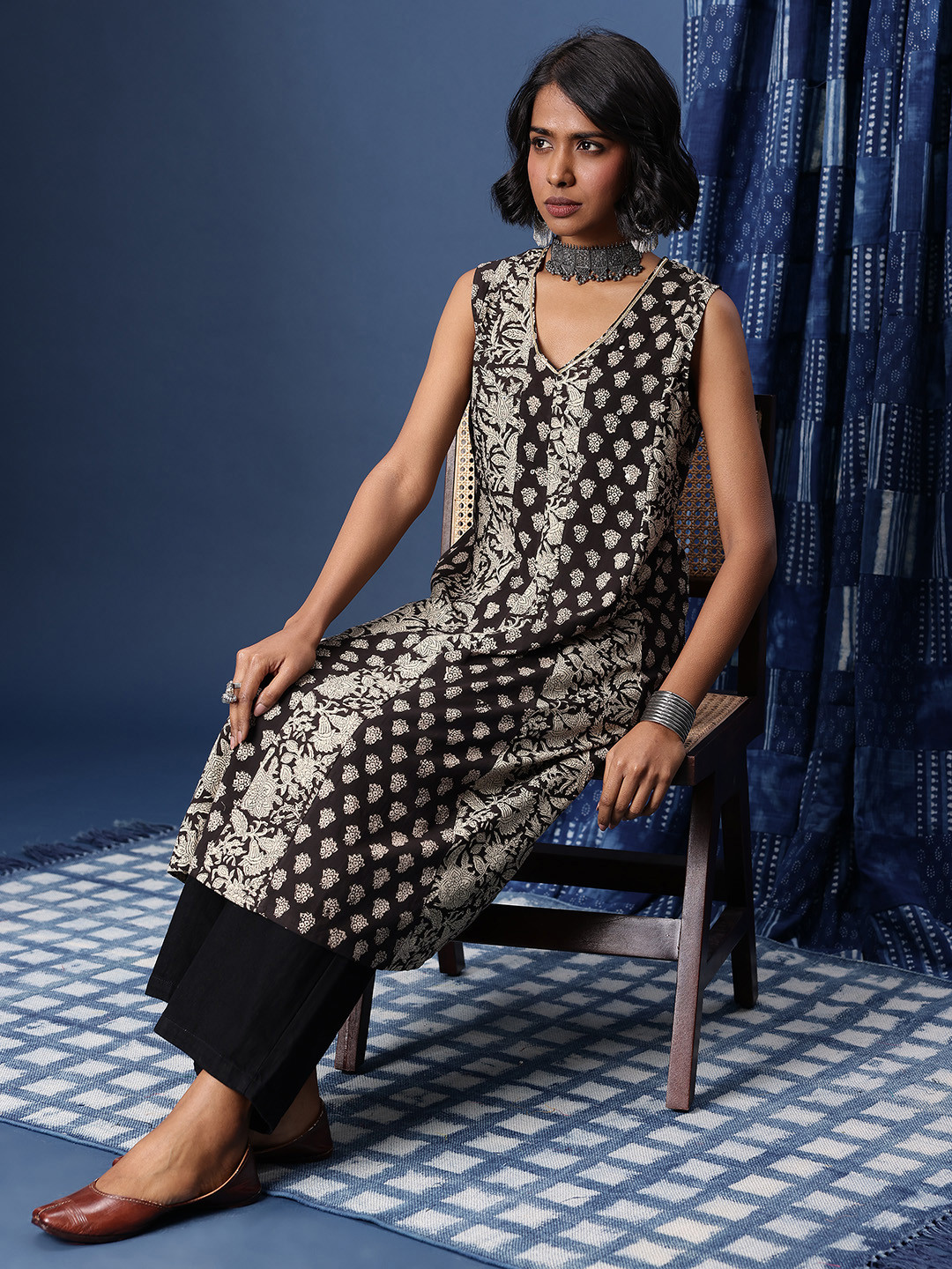 Taavi Floral Printed Mirror Work Bagru A-line Kurta
