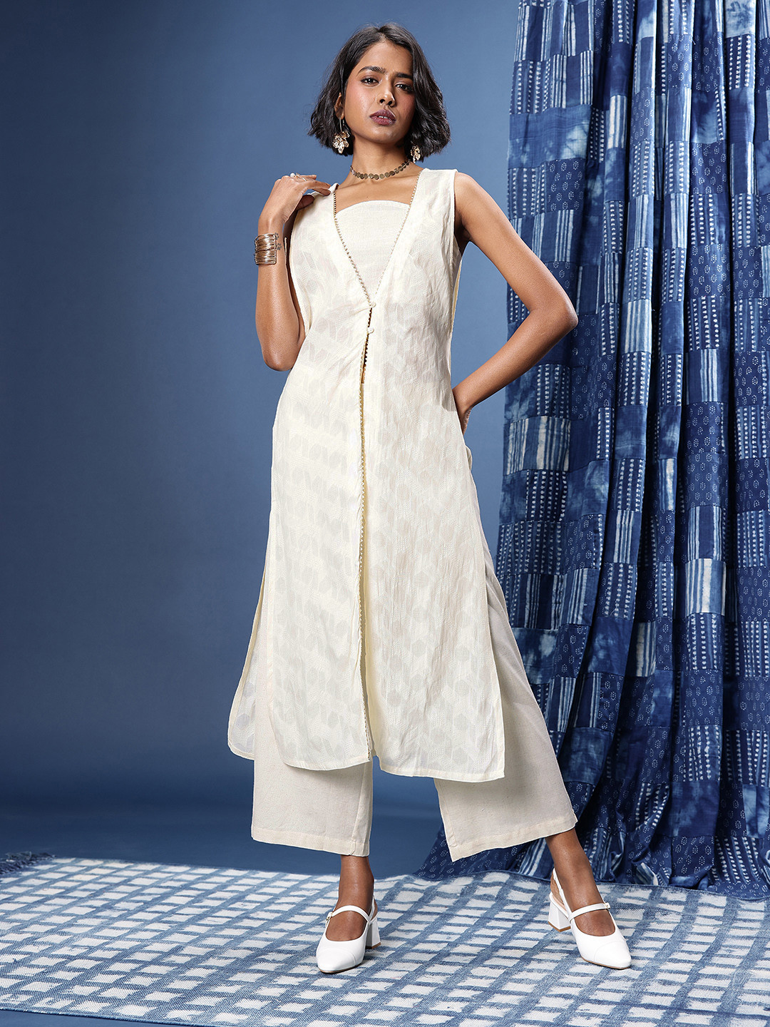 Taavi Pure Cotton Self-Design Geometric Cora Crafted Top with Palazzos & Shrug