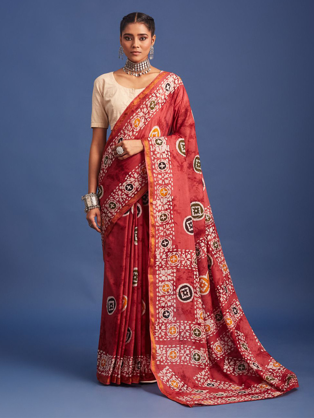 Taavi Women Hand Block Printed Pure Cotton Batik Saree with Zari Patta