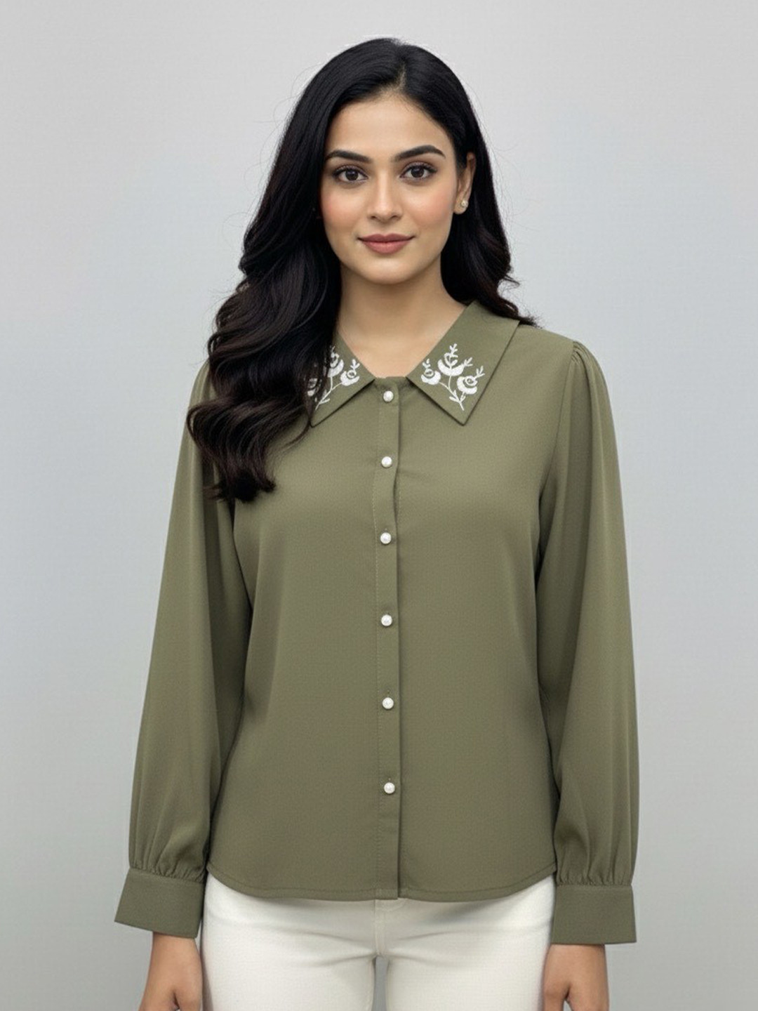 WineRed Women Shirt Collar Contrast Embroidered Crepe Top