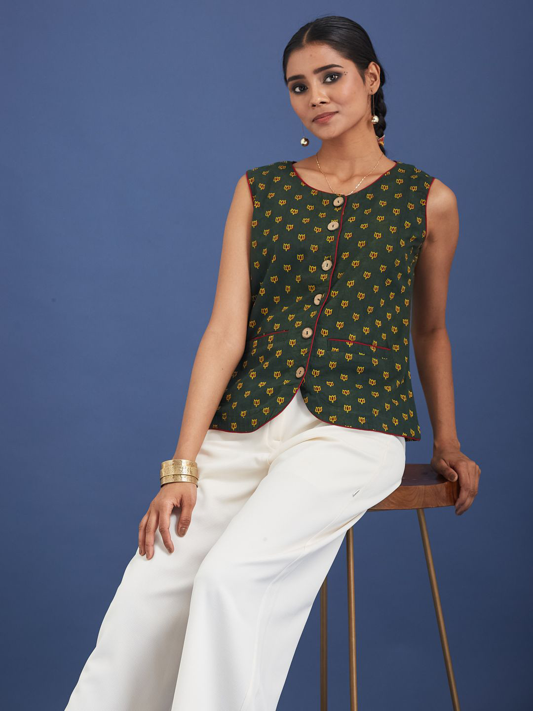 Taavi Women Ajrakh Block Printed Pure Cotton Round-Neck Top Without lining