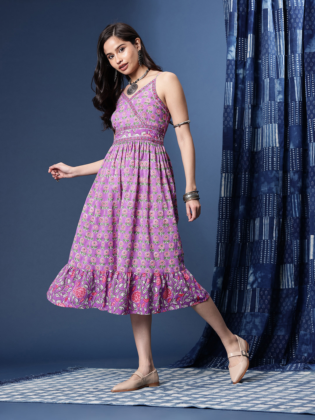 Taavi Floral Printed Shoulder Straps Smocked Gathers Fit and Flare Sanganeri Ethnic Dress