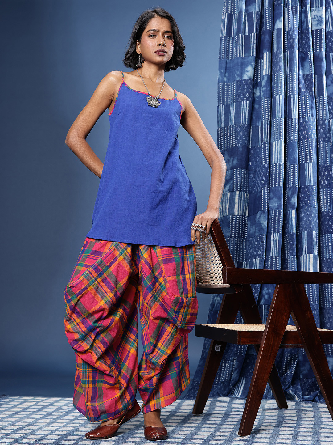 Taavi Woven legacy Pure Cotton Shoulder Straps A-Line Kurti With Checked Salwar