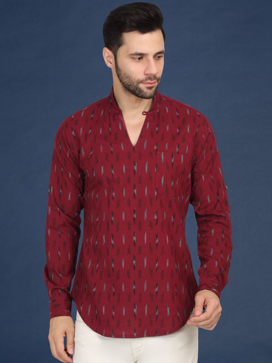 Taavi Men Ikat Style Handblock Printed Pure Cotton Short Kurta