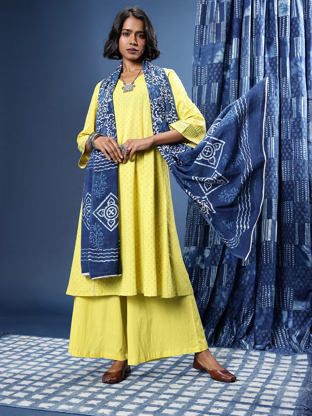 Taavi Woven legacy Pure Cotton Dobby Panelled A-Line Kurta With Palazzos & Dupatta