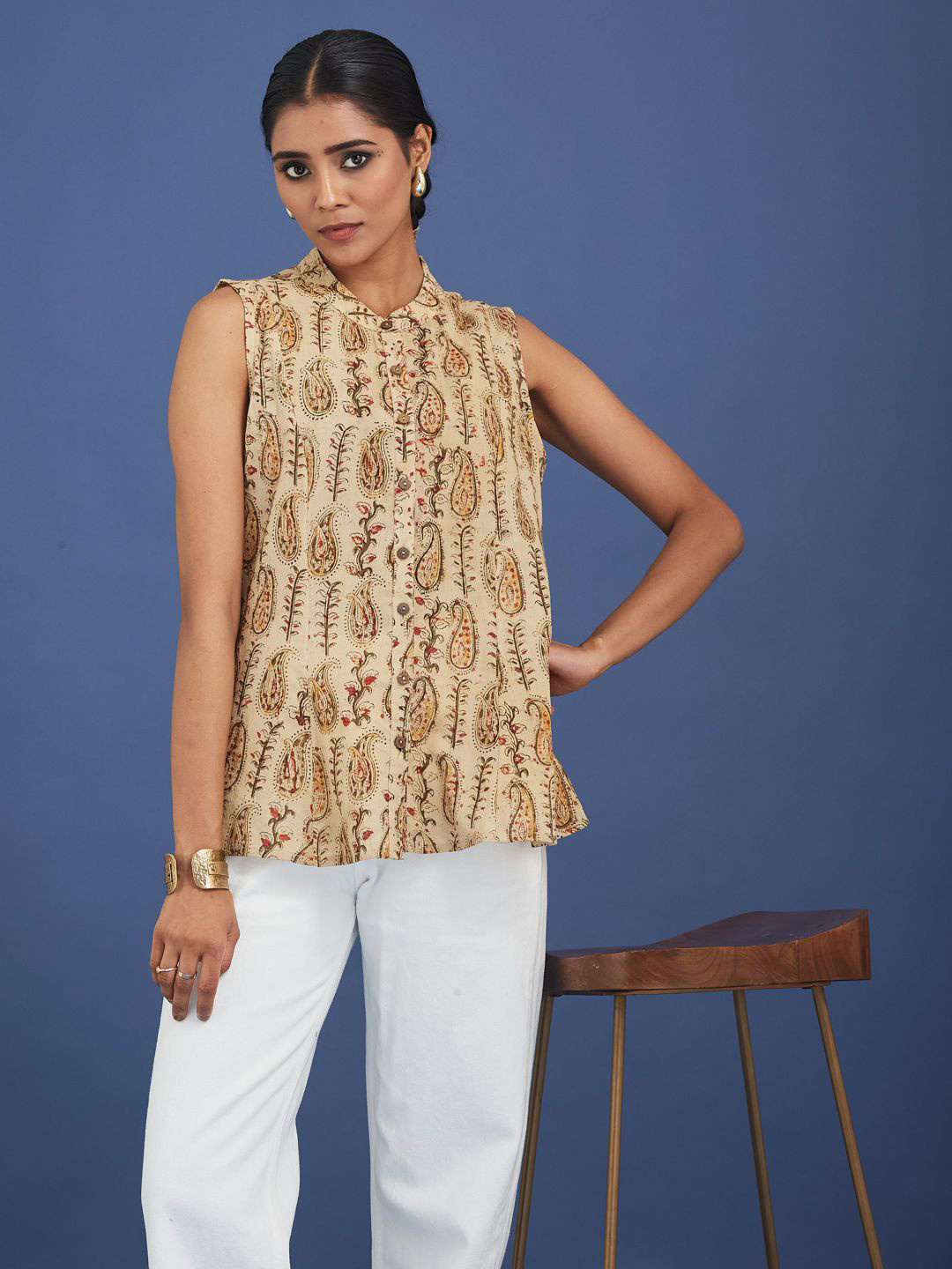 Taavi Women Kalamkari Block Printed Pure Cotton Top Without Lining