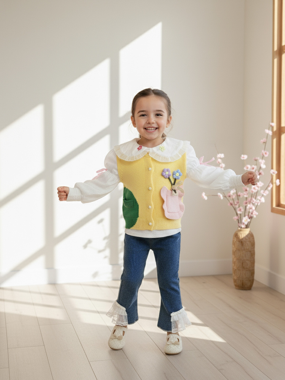 YK Girls Pure Cotton Bow Detail & Lace Clothing Set with Cardigan