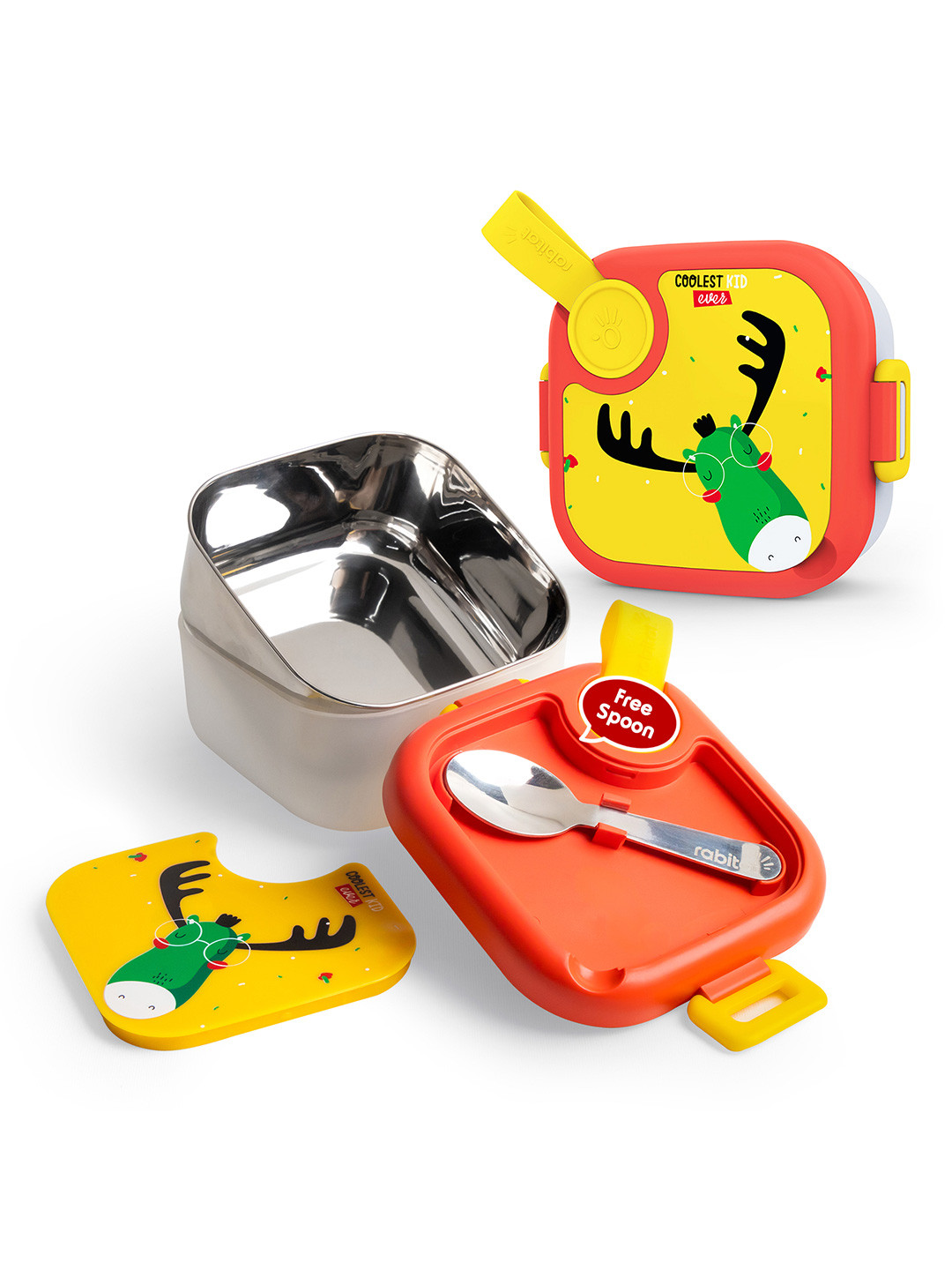 Rabitat Kids Yellow & Red Stainless Steel Lunch Box with Spoon - 500 ml