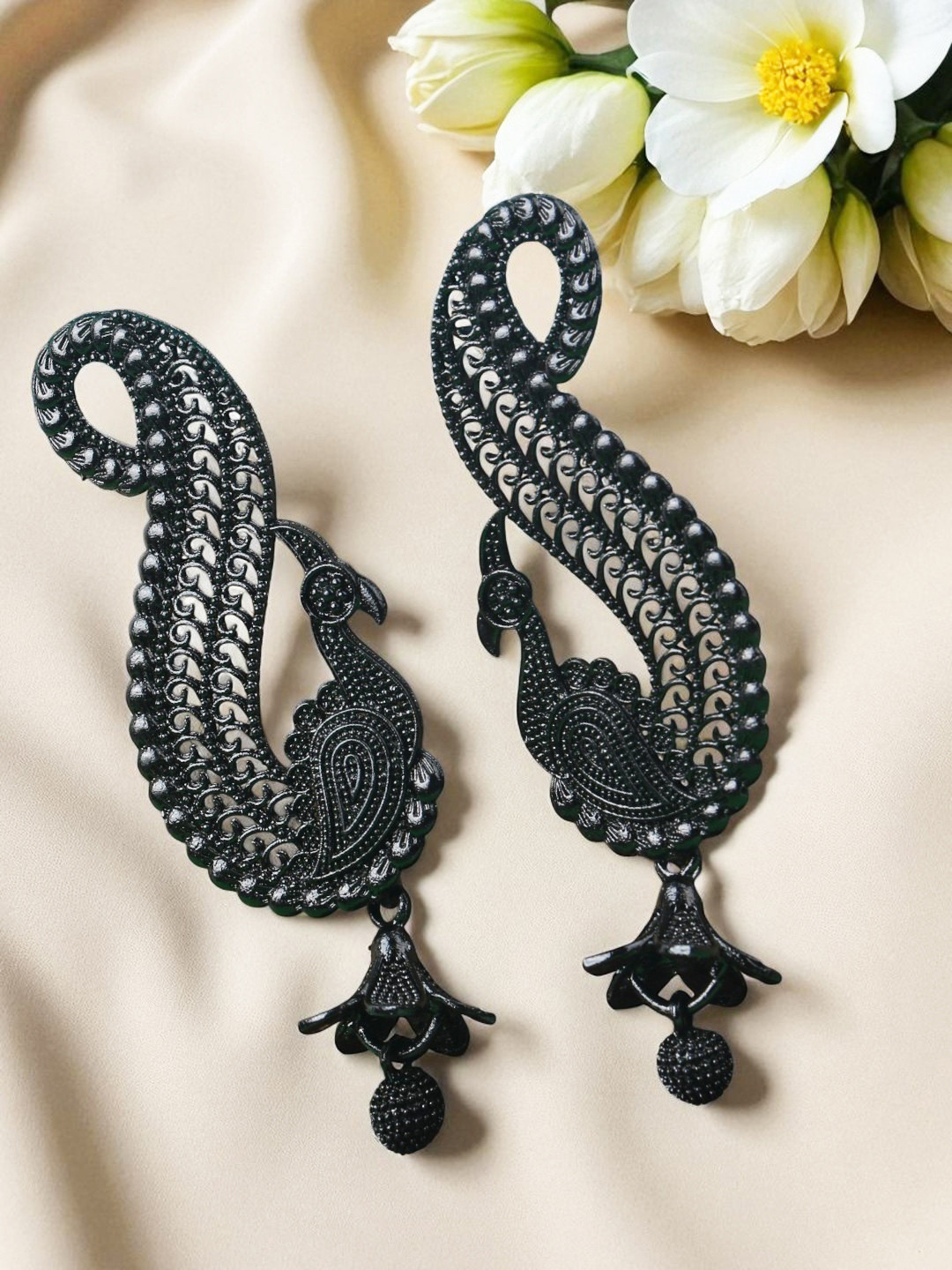 ANIKAS CREATION Black Peacock Shaped Drop Earrings