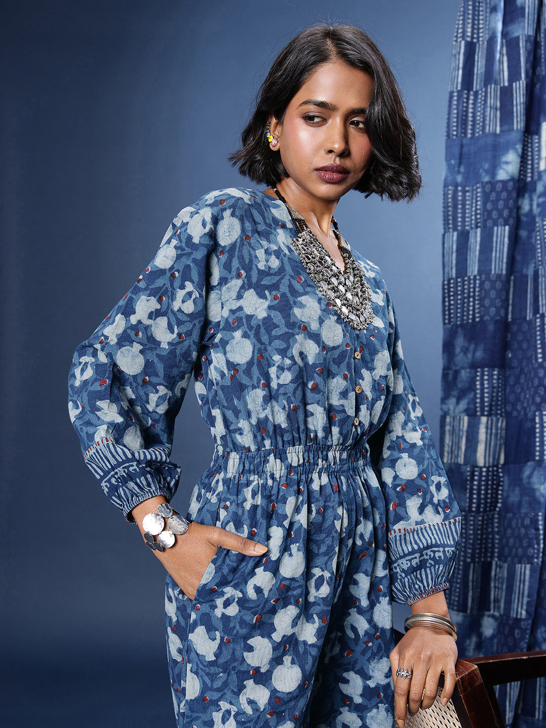 Taavi Cotton-Linen Floral Printed Puff Sleeves Dabu Crafted Jumpsuit