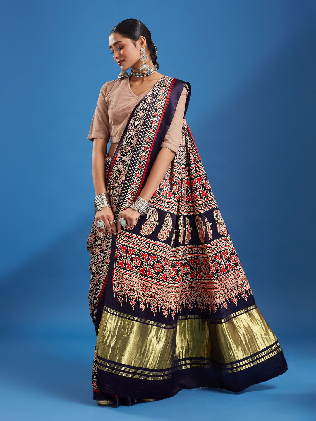 Taavi Ajrakh Printed Saree With Heavy Jari Pallu & Unstitched Blouse