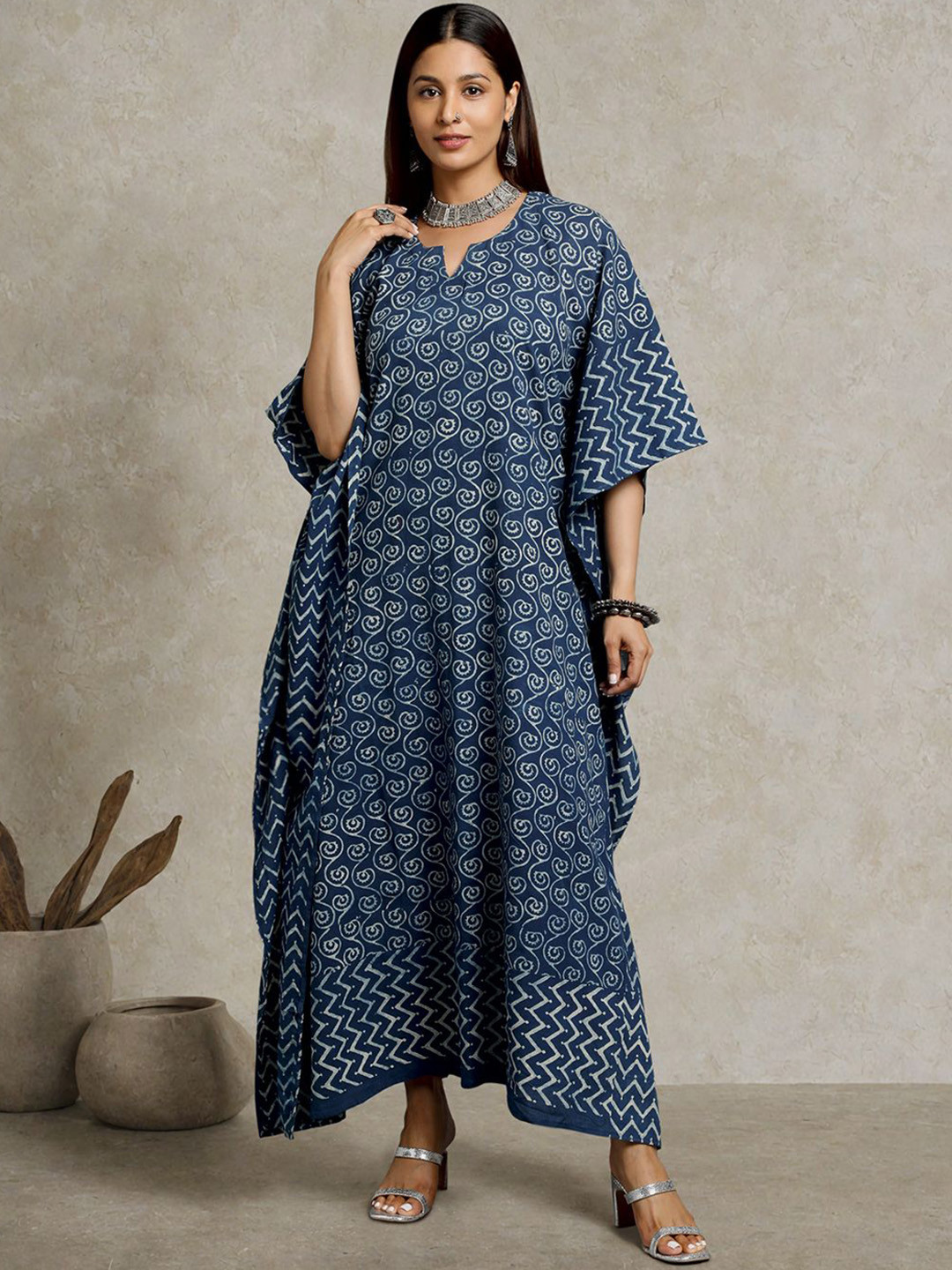 Taavi Women Hand Block Print Pure Cotton Kaftan Ethnic Dress With Batwing Sleeves