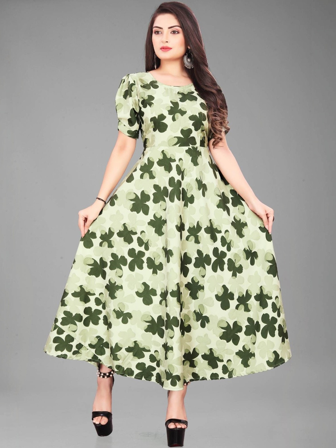 QENA Print Puff Sleeve Applique Fit & Flare Midi Dress