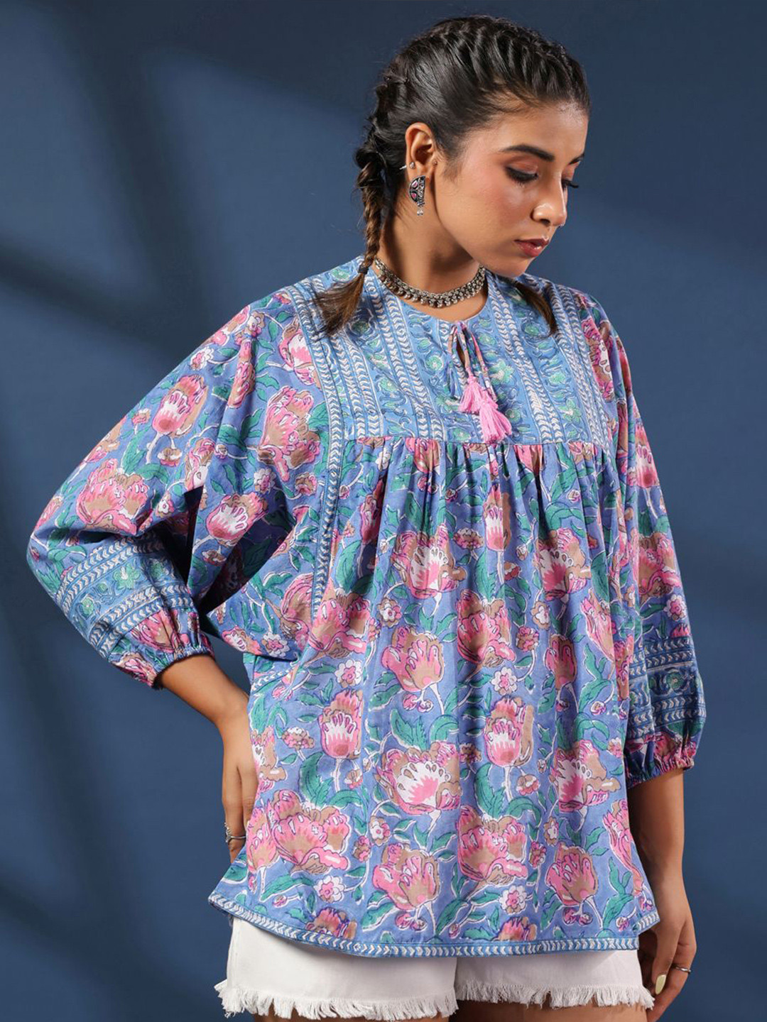 Taavi Women Hand-Block Floral Printed Boho Volume Sleeves Top