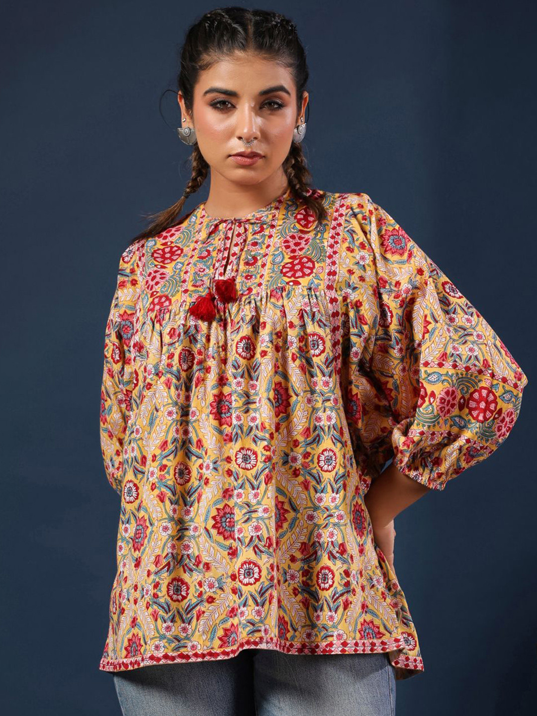 Taavi Women Hand-Block Printed Boho Volume Sleeves Balloon Top With Tassel Detailing
