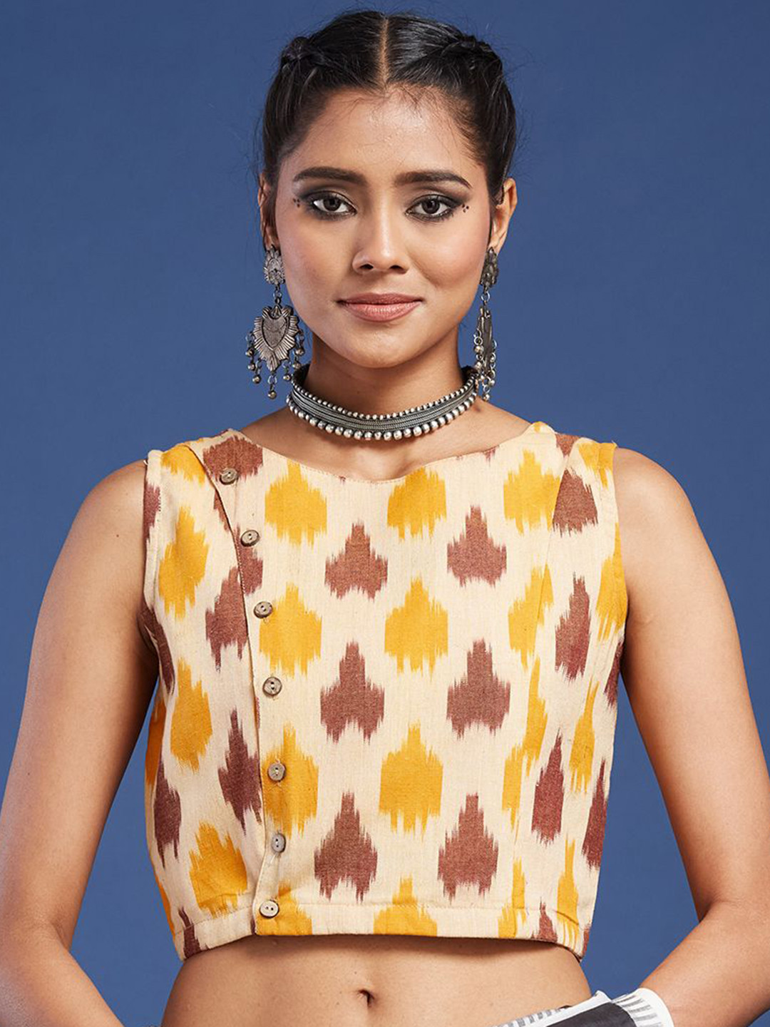 Taavi Women Ikkat Cotton Sleeveless Button-Front Blouse