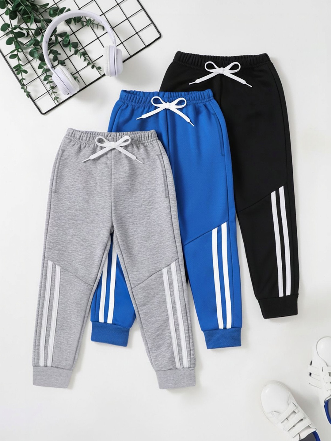 YK X Trampoline Kids Pack Of 3 Striped Relaxed Fit Cotton Mid-Rise Joggers
