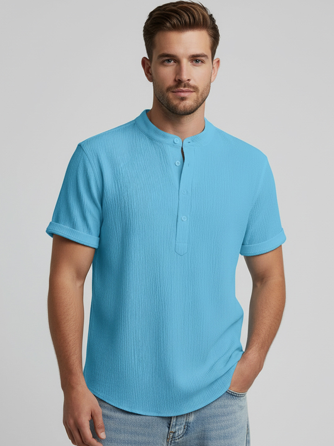 Metronaut Band Collar Short Sleeves Straight Fit Popcorn Shirt
