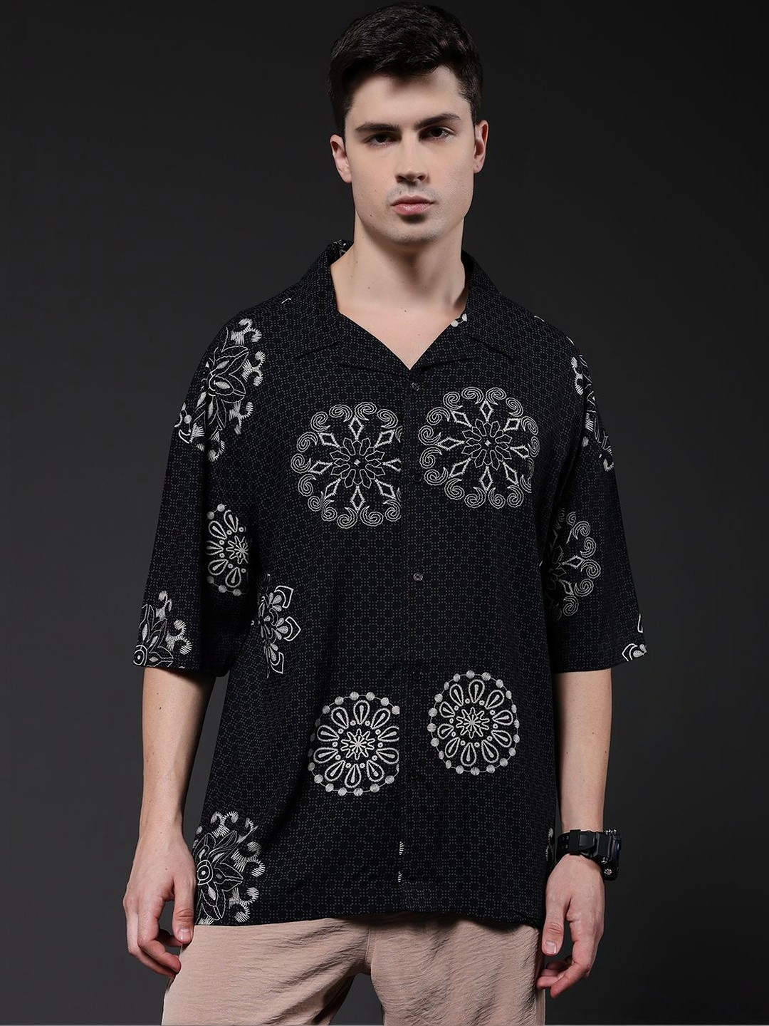 PRONK Men's Black Oversized Abstract Print Cuban Collar Half Sleeve Casual Shirt