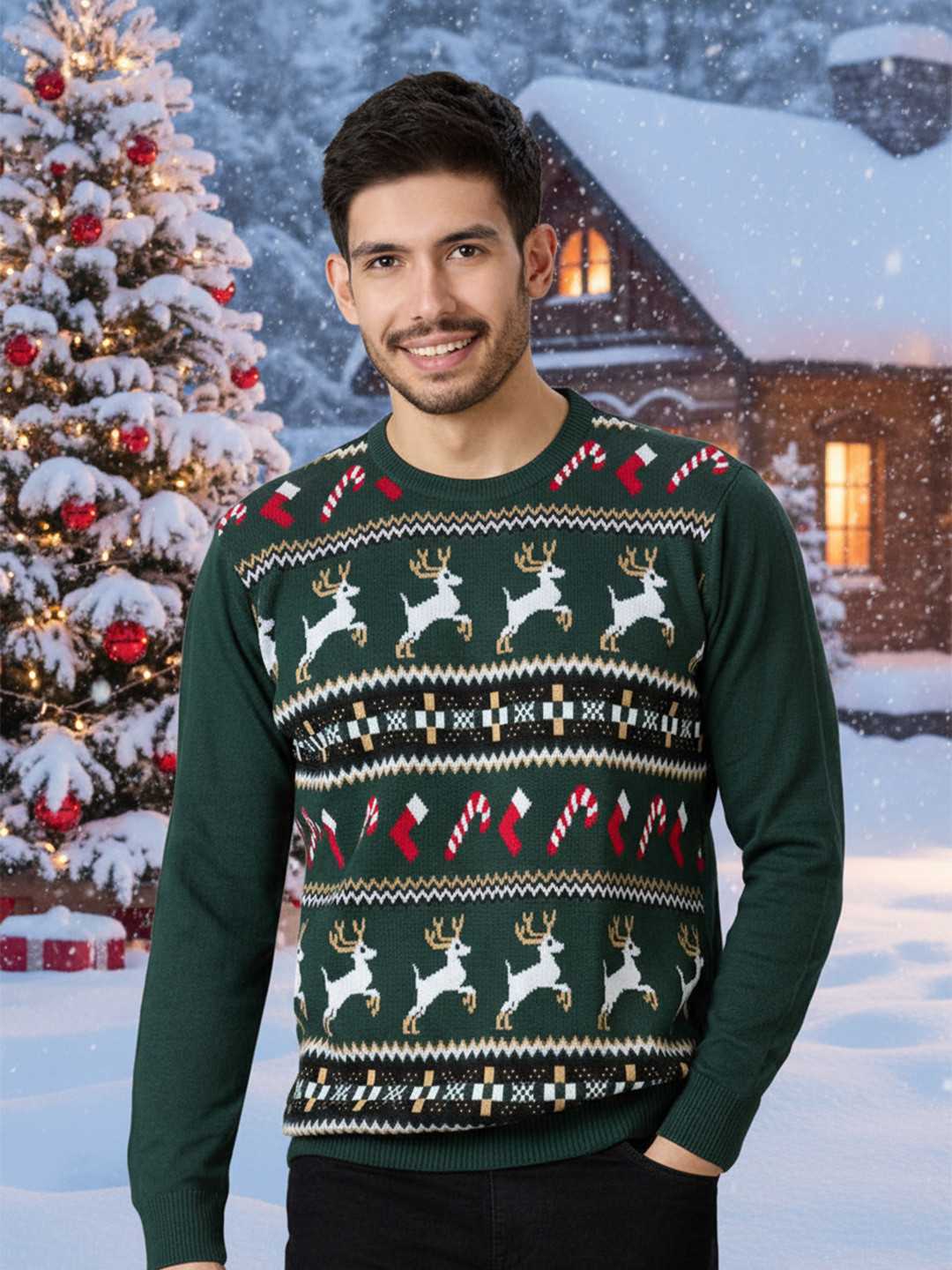 Style Quotient Green Printed Round Neck Long Sleeves Ribbed Cotton Pullover Sweaters
