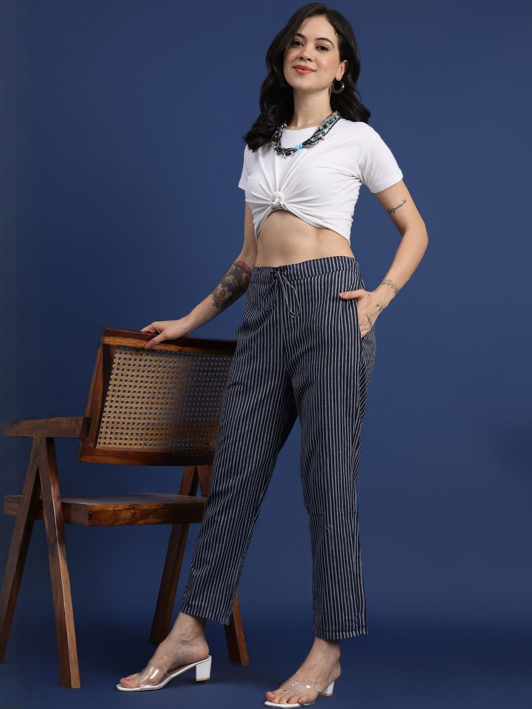 Taavi Women Striped Cotton Trousers with Pockets