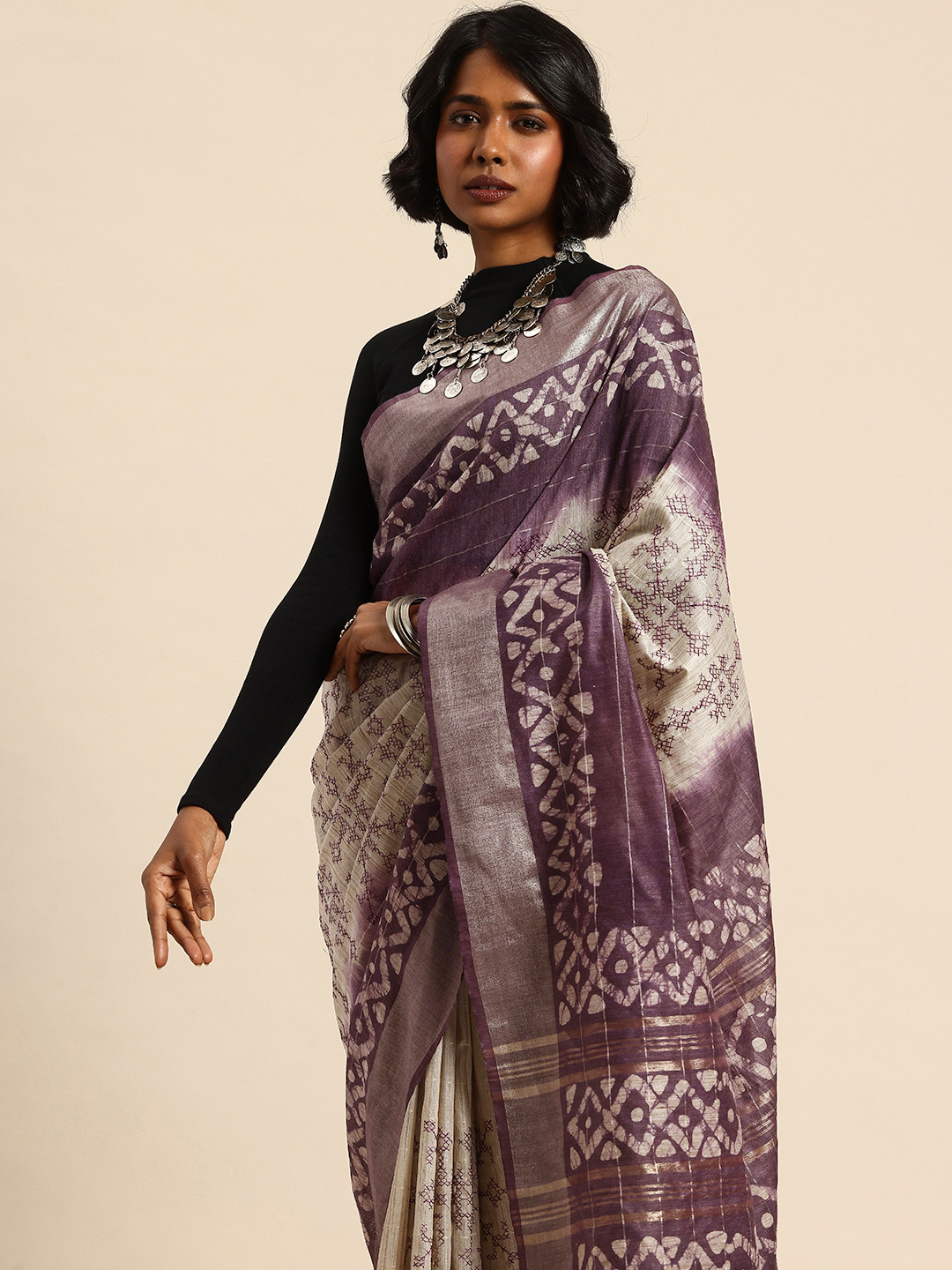 Taavi Batik and Embroidered Silk Blend Saree