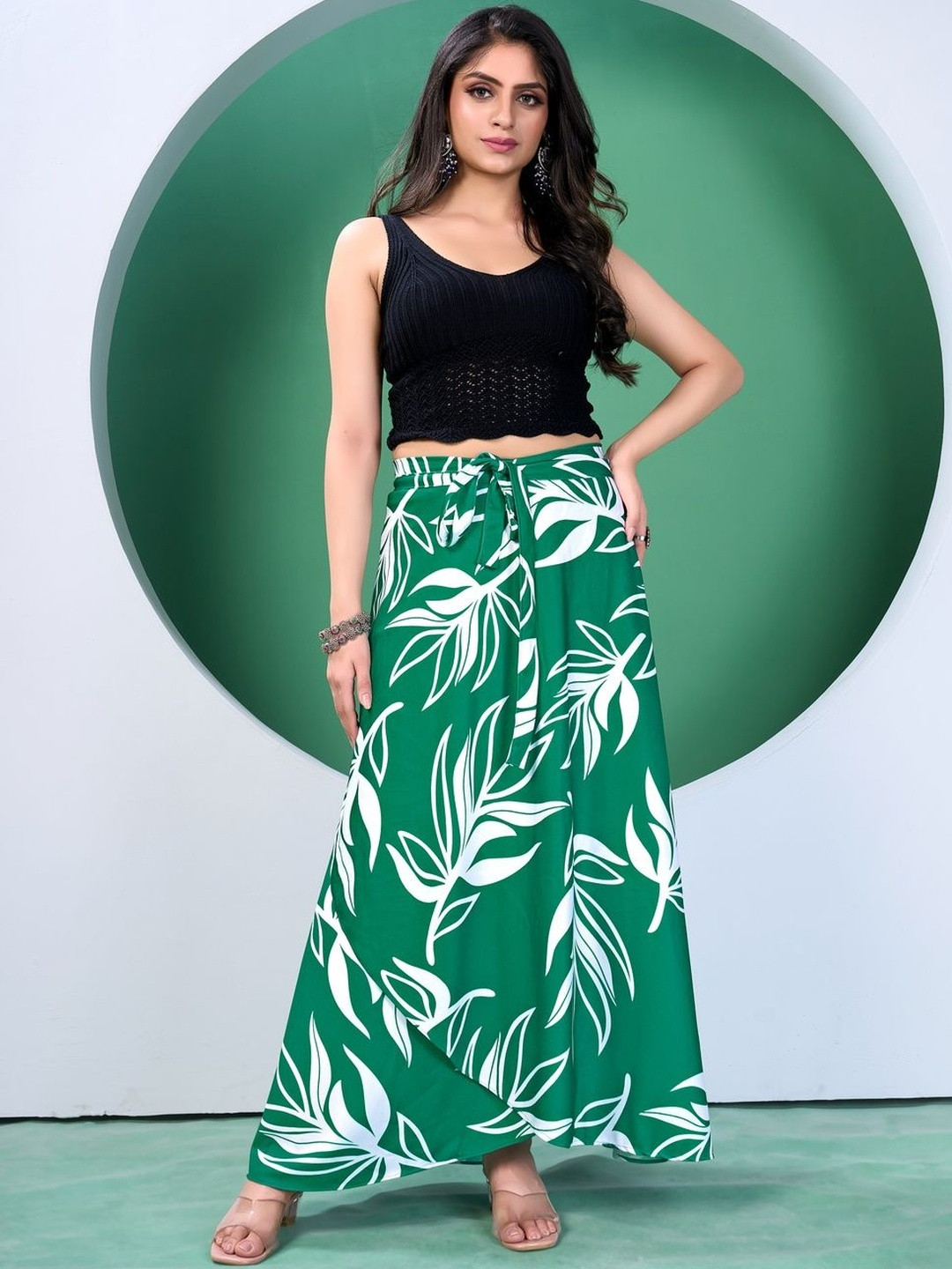 TENNECY Free Size Floral Printed Woven Long Wrap Around Maxi Skirt