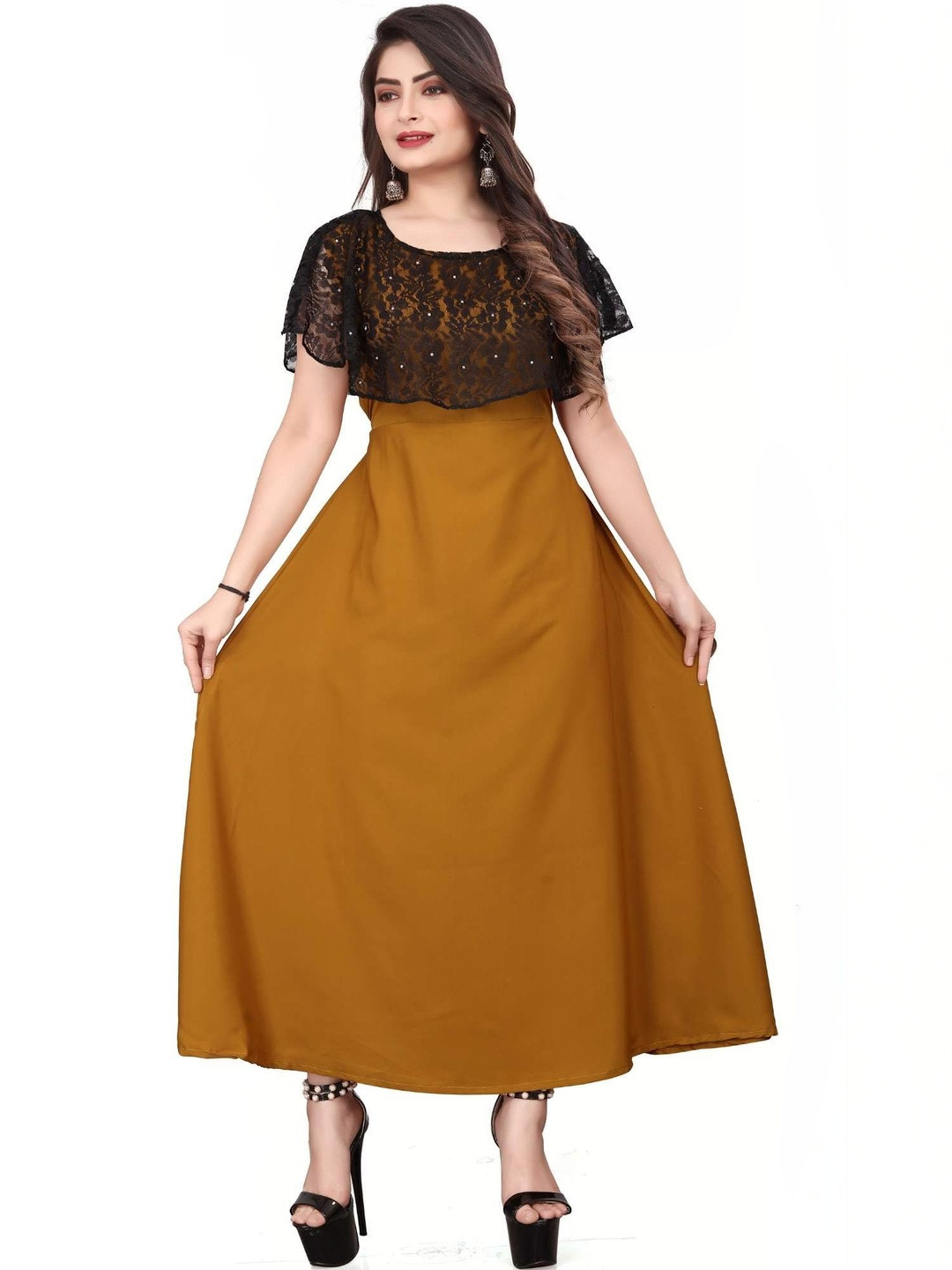 QENA Cape Sleeve Fit & Flare Maxi Dress