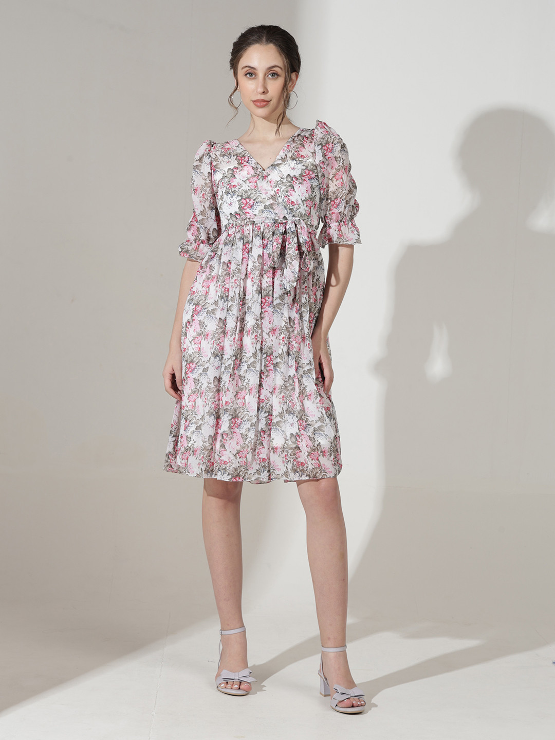 SAMANTHAMS Colourblocked Print Puff Sleeve Georgette A-Line Mini Dress