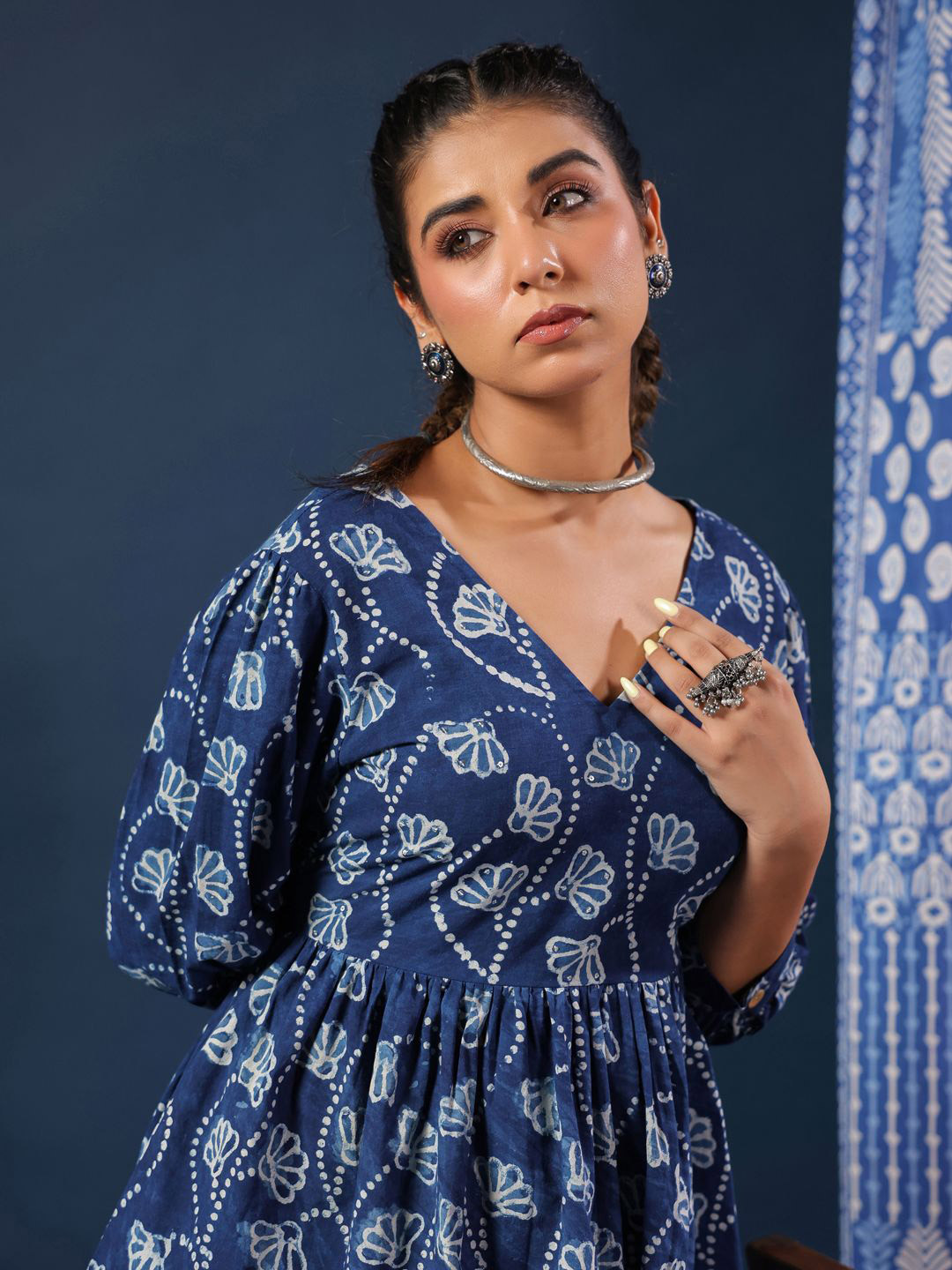 Taavi Women Dabu Block Print V-Neck Pure Cotton Summer Dress