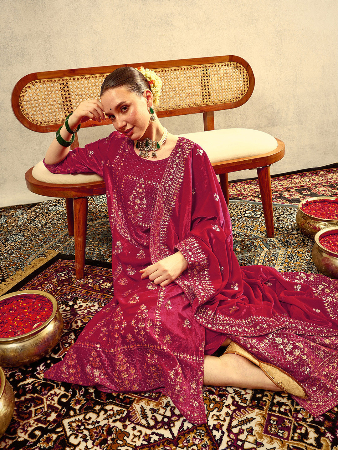 Ishin Pink Gold Print Festive Kurta With Trouser & Velvet Dupatta
