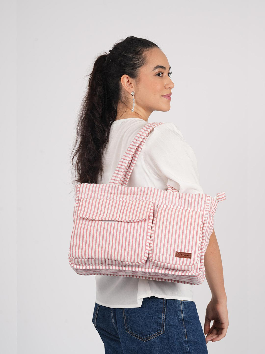 Mast & Harbour Women Canvas Striped Printed Tote Diaper Bags