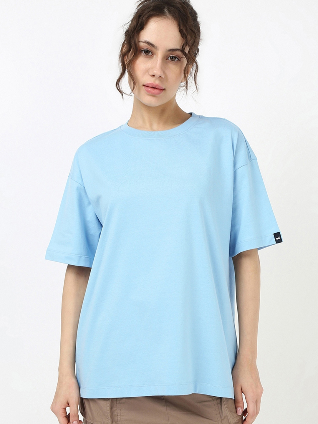 Bewakoof Women Sky Blue Oversized Round Neck T-shirt
