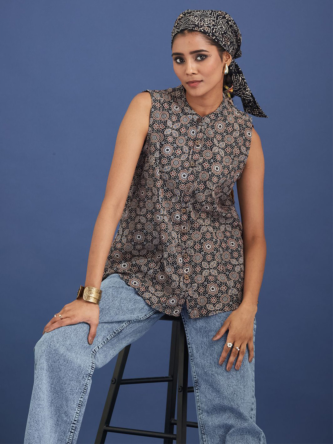 Taavi Women Ajrakh Block Print Cotton Kurti