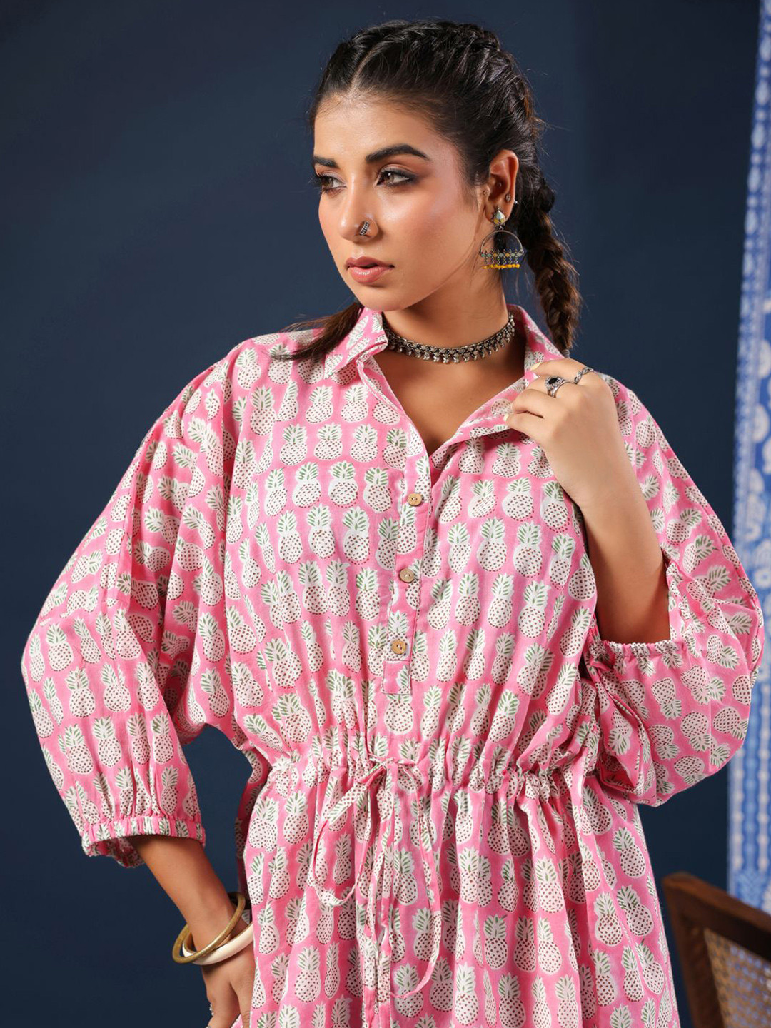 Taavi Women Pineapple Hand Block Print Cotton Kaftan Shirt Tunic