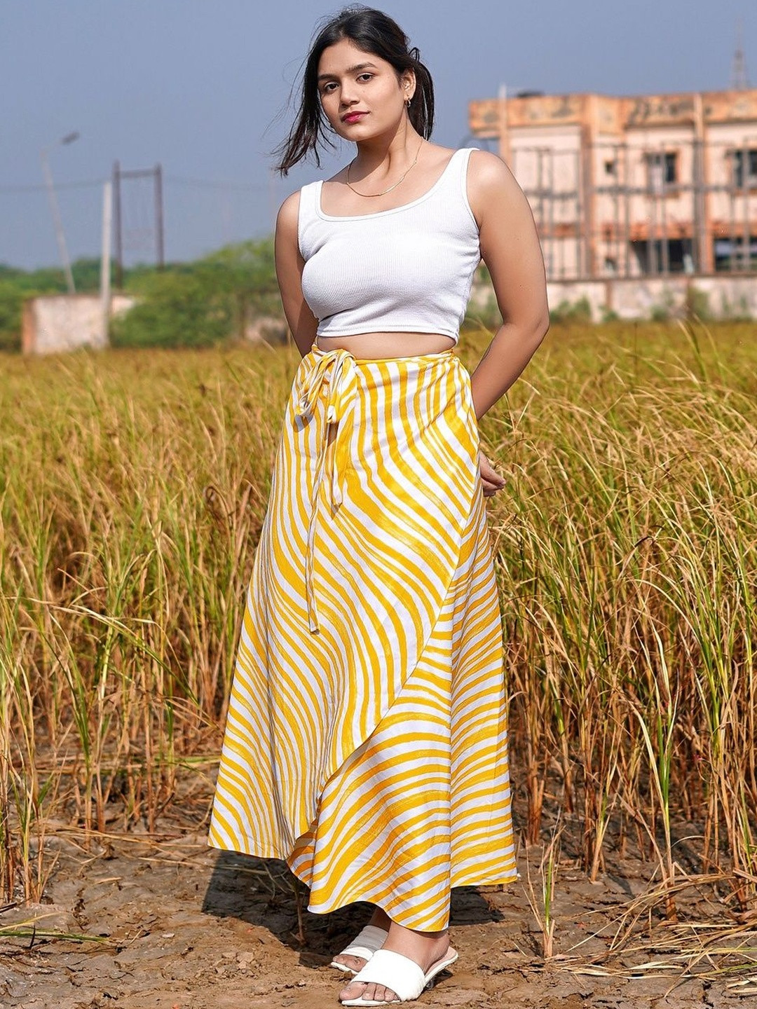TENNECY Striped Maxi Wrap Skirt