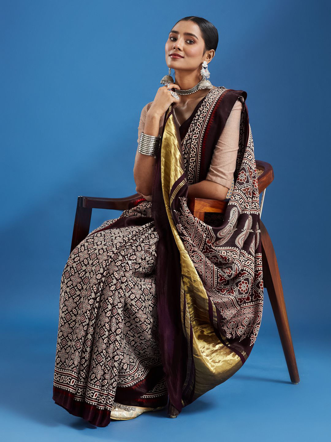 Taavi Ajrakh Printed Saree With Heavy Jari Pallu & Unstitched Blouse