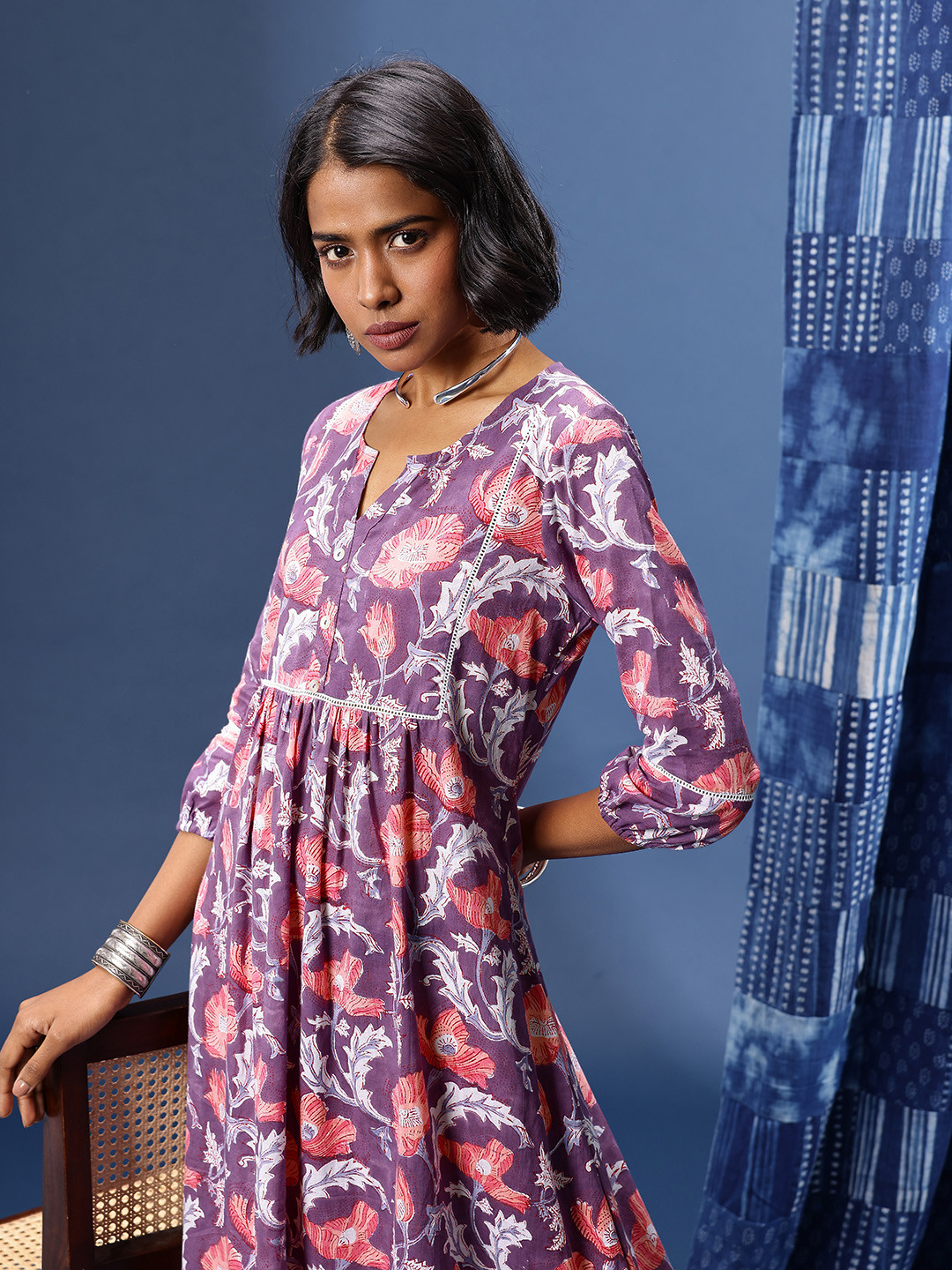 Taavi Sanganeri Handblock Printed Keyhole Neck Puff Sleeve Fit & Flare Midi Dress