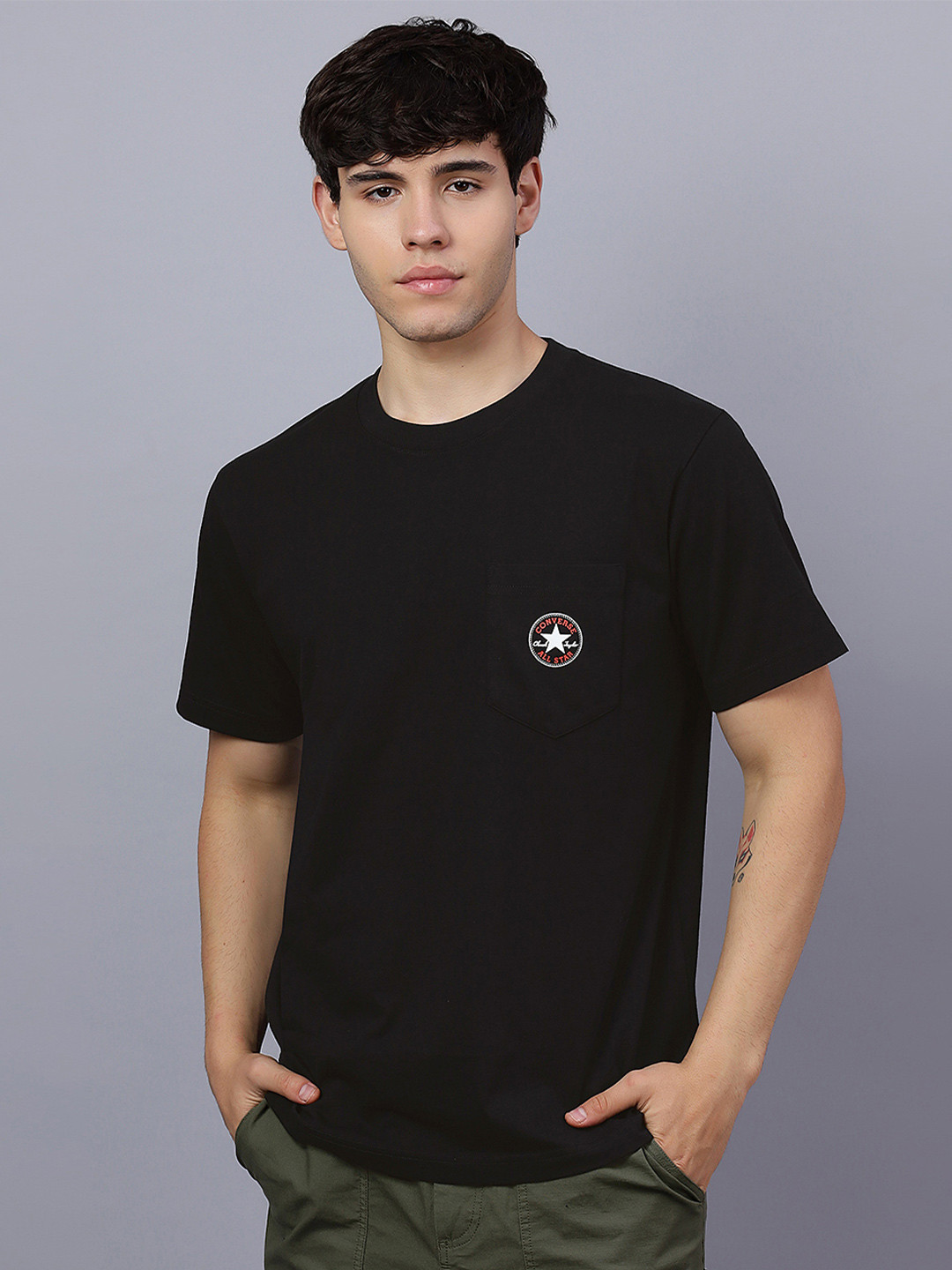 Converse Unisex Brand Logo Printed Round Neck Pocket Chuck Patch Cotton T-shirt