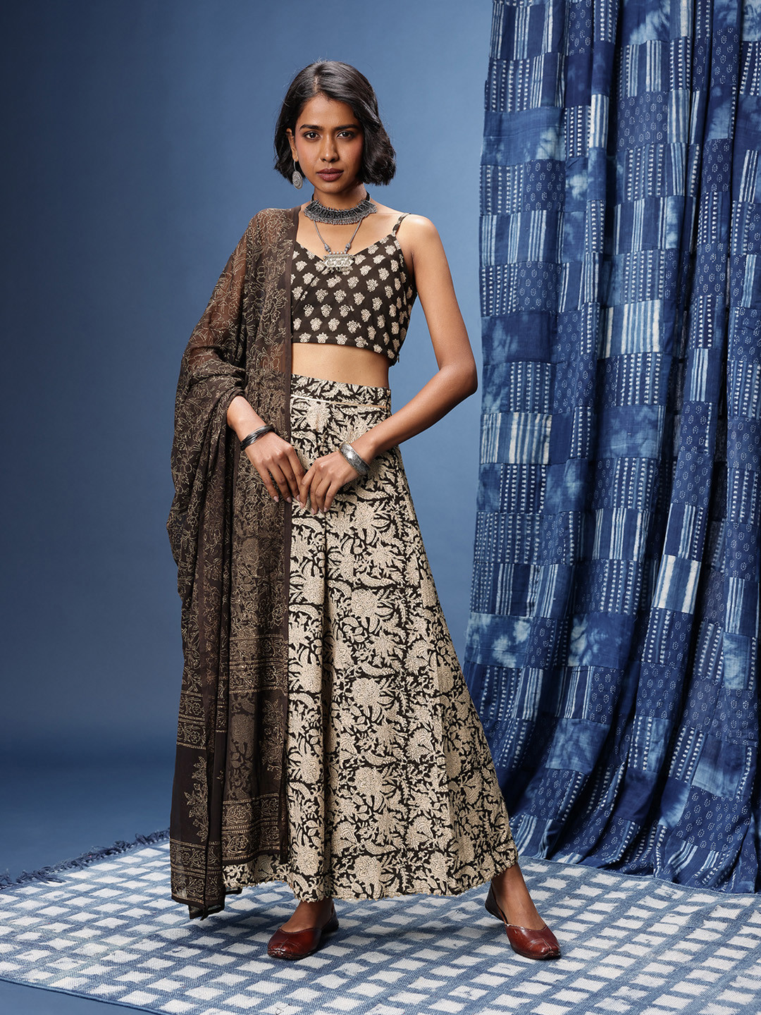 Taavi Pure Cotton Floral Printed Shoulder Straps Bagru Crafted Top with Skirt & Dupatta